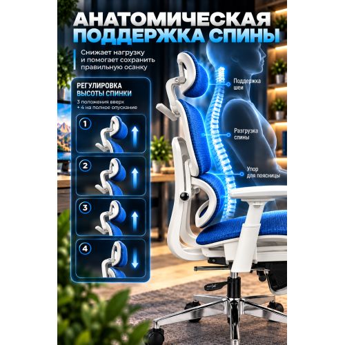 Кресло ортопедическое компьютерное с подставкой для ног  JIQIAO R8014BW сине-белое
