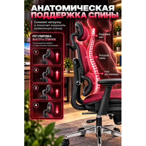 Кресло ортопедическое компьютерное с подставкой для ног  JIQIAO R8014RB красно-черное