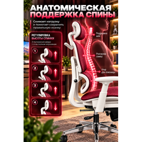 Кресло ортопедическое компьютерное с подставкой для ног  JIQIAO R8014RW красно-белое